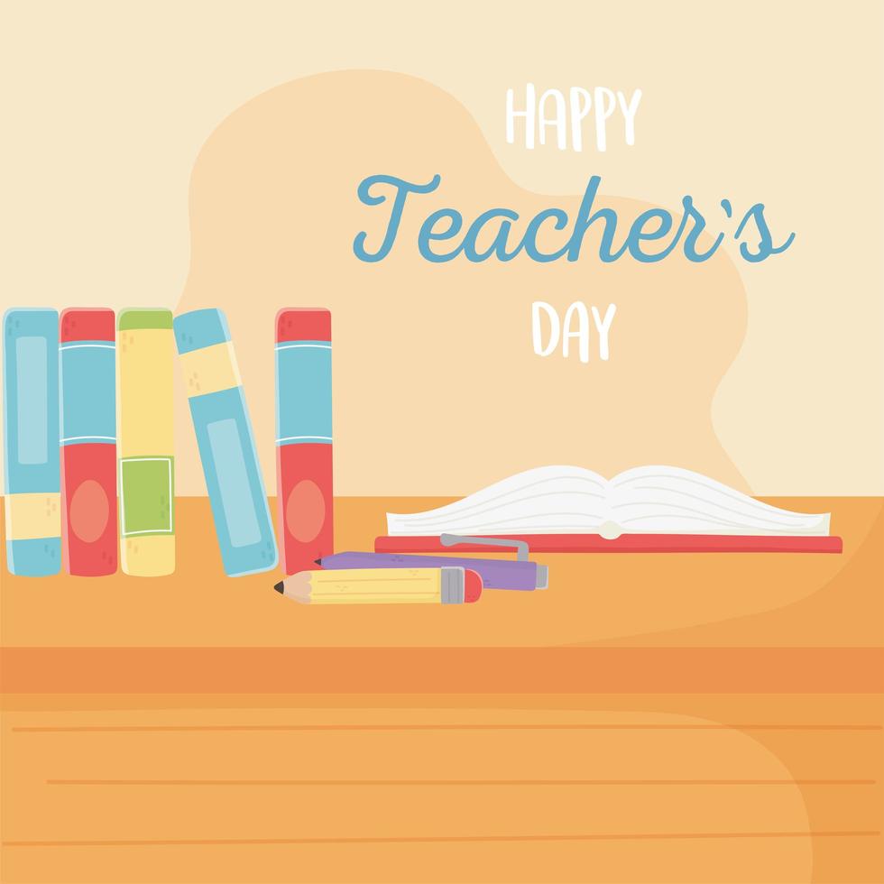 happy teachers day, school book pencil and stand books on desk vector