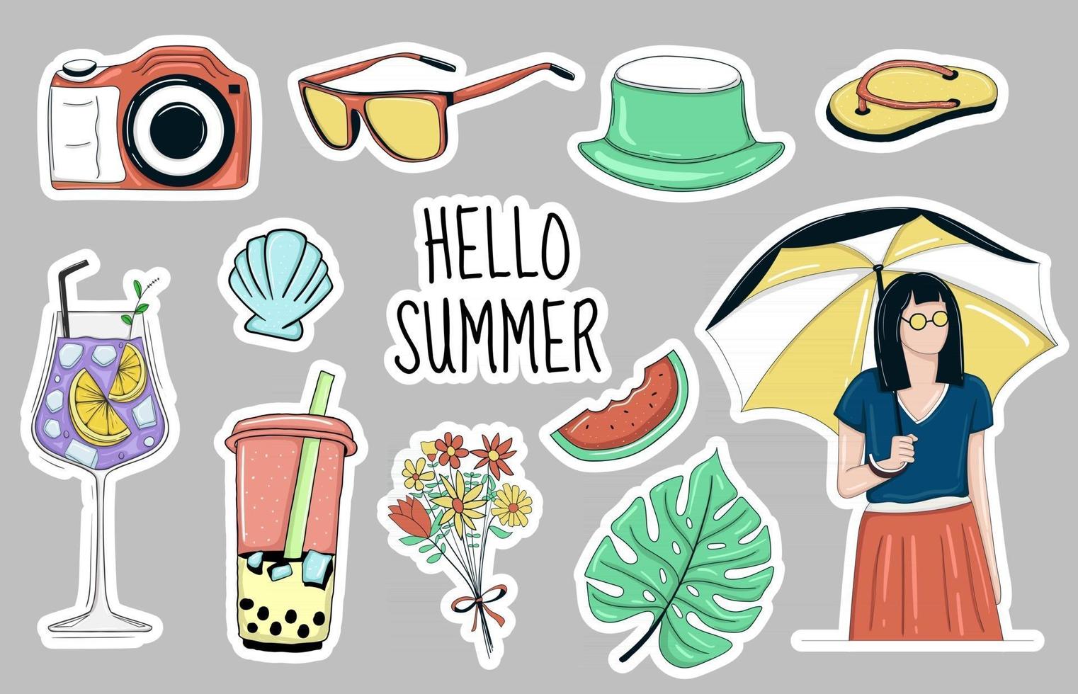 Colorful Hand drawn summer element stickers collection vector