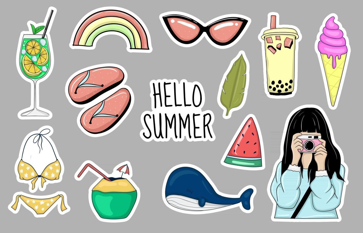 Colorful Hand drawn summer element stickers collection vector