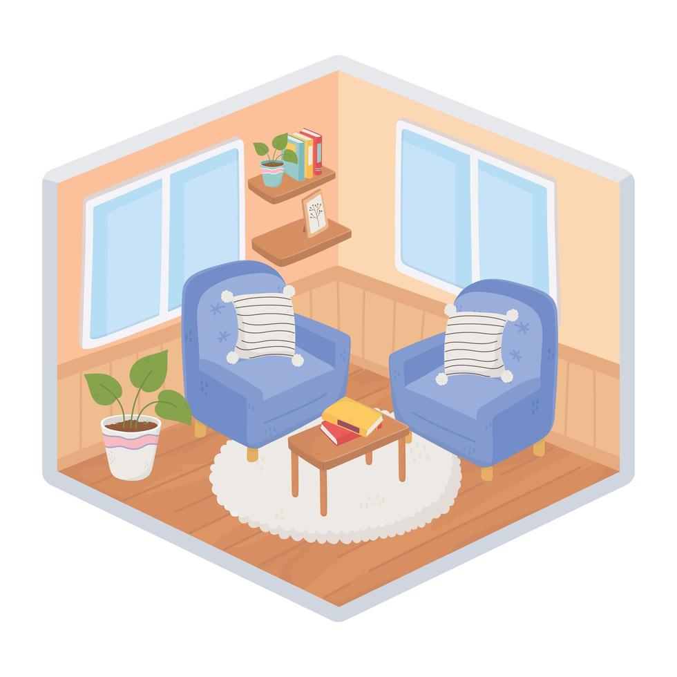 sweet home sofas armchairs cushions plants table with books on carpet living room isometric style vector