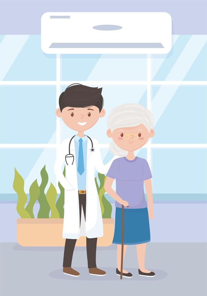 physician and old woman patient medical staff professional practitioner cartoon character vector