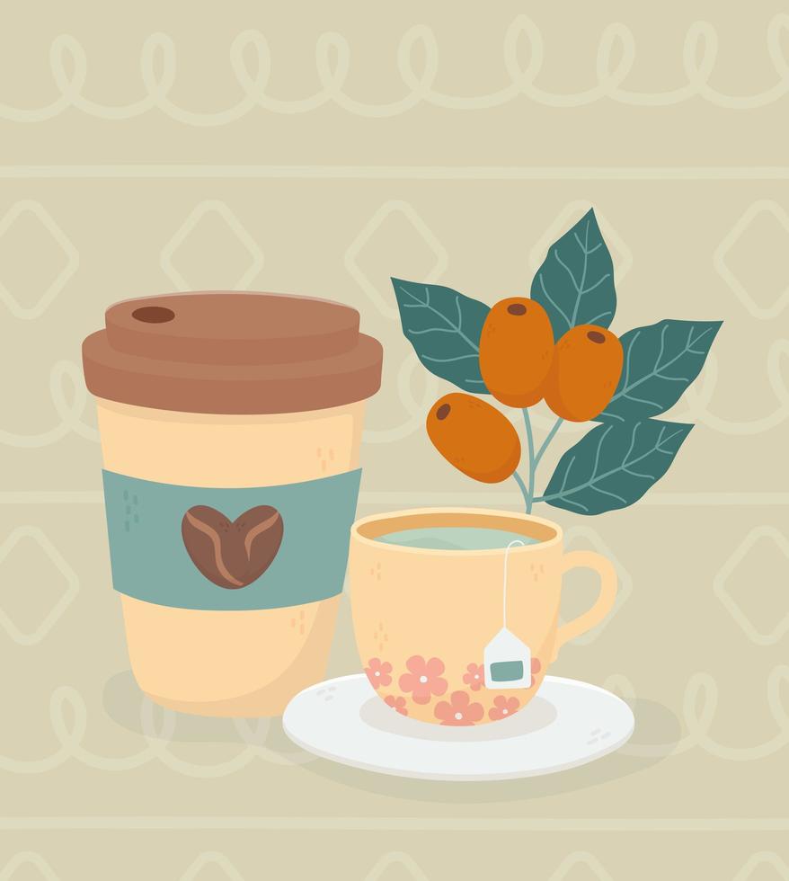 la hora del café, una taza para llevar y una taza de té, bebida fresca. vector