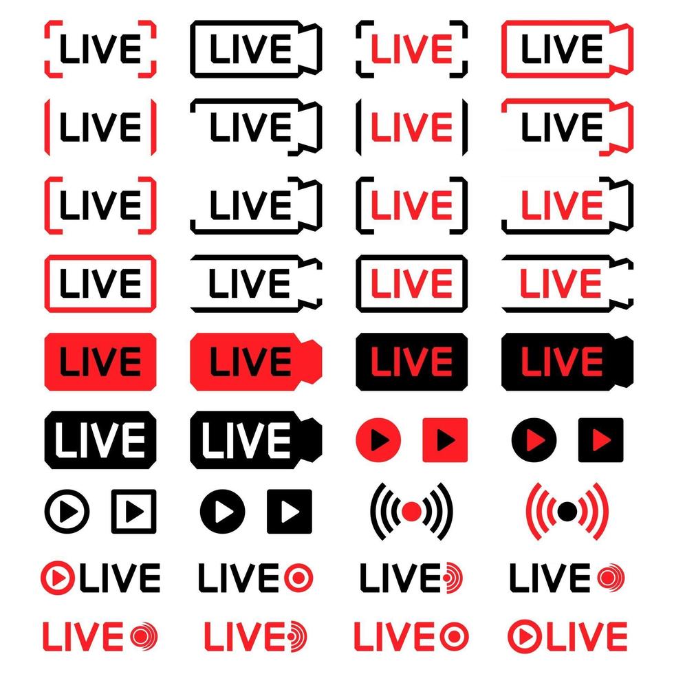 Set of live streaming icons. Live broadcast icons, isolated on white background. Social media live button. Camera icon. Lower third template for tv, shows, movies and live performances vector