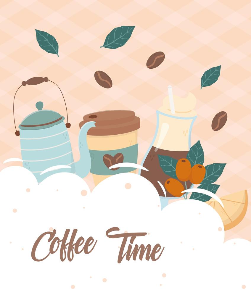 la hora del café, tetera, taza para llevar, limón, bebida fresca vector