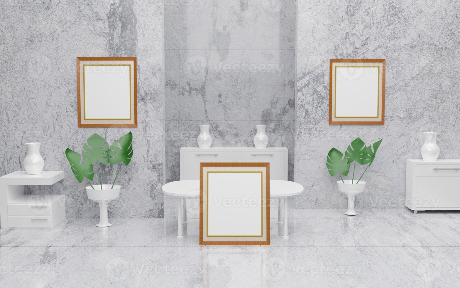 Frame mockup with plant marble floor and table in modern room 3d rendering 3dartwork photo