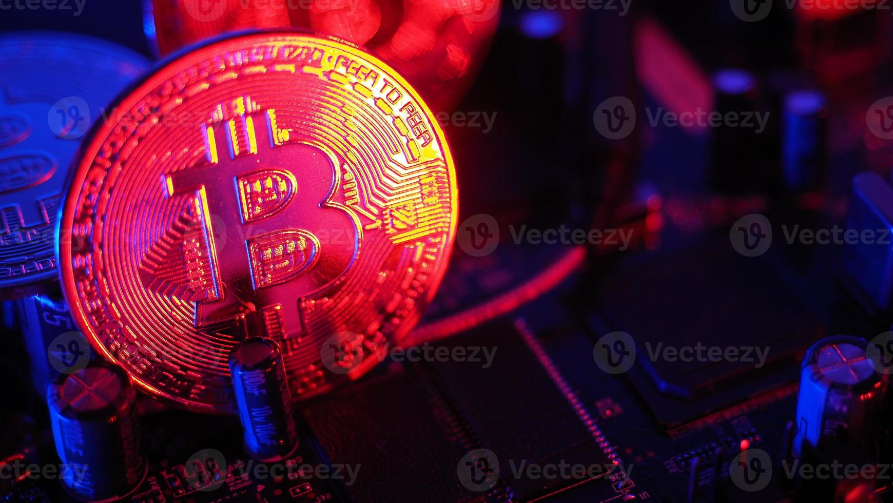 Bitcoin and semiconductor. Represent mining in Cryptocurrency cause global warming. photo