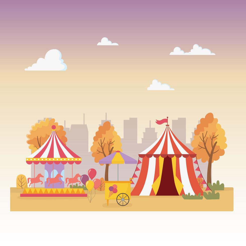 fun fair carnival tent carousel ice cream booth city recreation entertainment vector