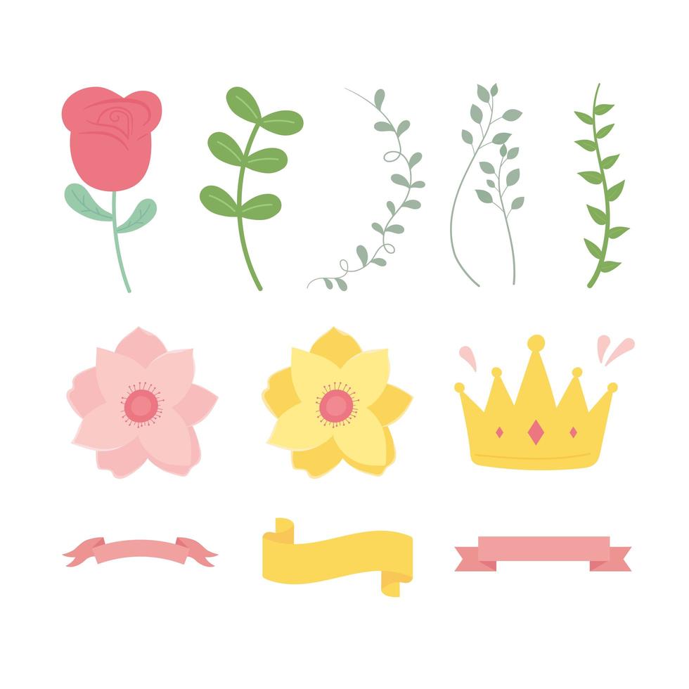 happy mothers day, flower branch leaves ribbon and crown icons vector