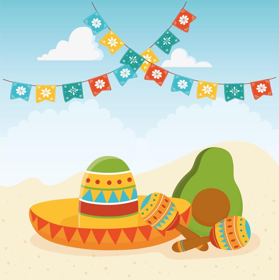 cinco de mayo sombrero maracas y aguacate celebración mexicana vector