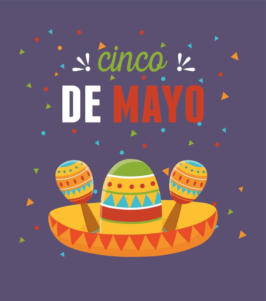 sombrero de celebración mexicana del cinco de mayo con tarjeta de maracas vector