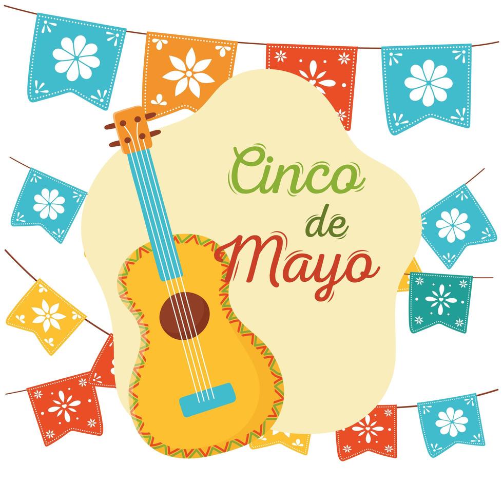 cinco de mayo guitarra flores en banderines decoración celebración mexicana vector