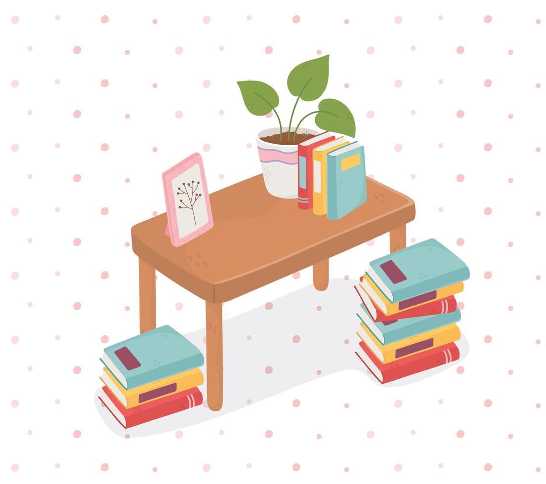 sweet home books potted plant frame on table background vector