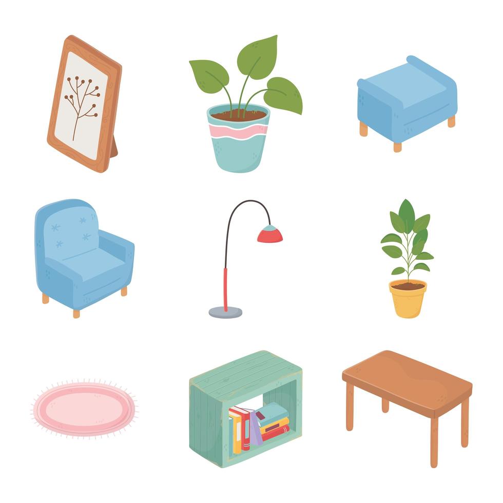 dulce hogar sofá planta en maceta mesa silla marco iconos vector