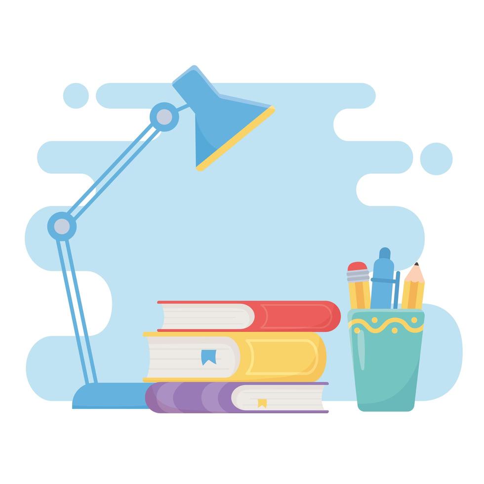 educación en línea apilar libros lámpara de escritorio y suministros vector