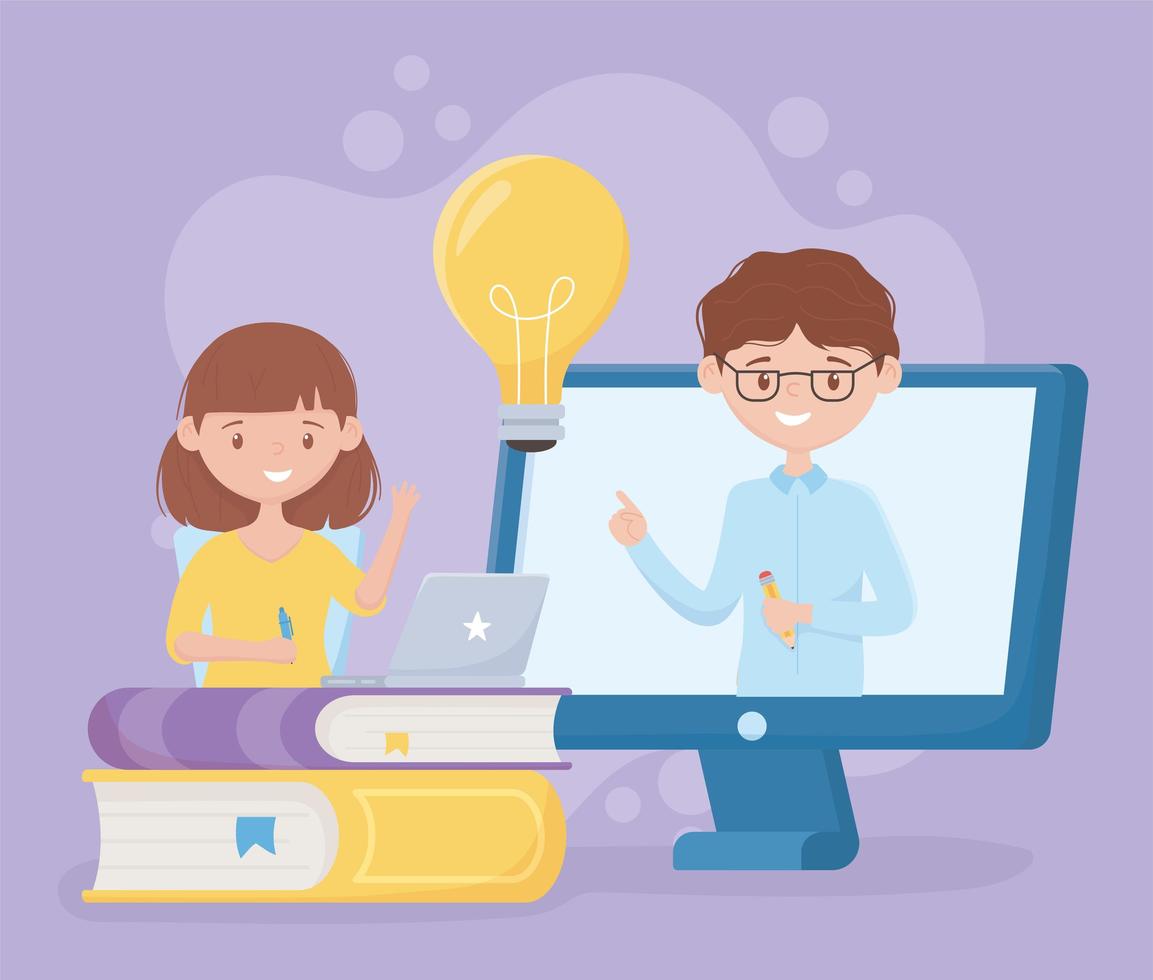 education online student girl and teacher in class virtual books vector