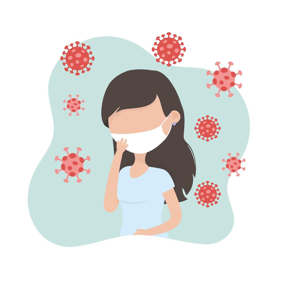 Virus Covid-19 quarantine, sick woman with protective mask coronavirus symbol vector