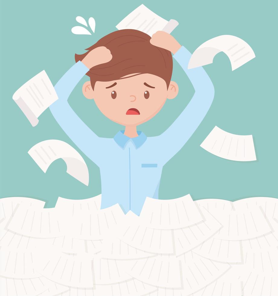 stressed businessman worried documents pile of papers office work frustration vector