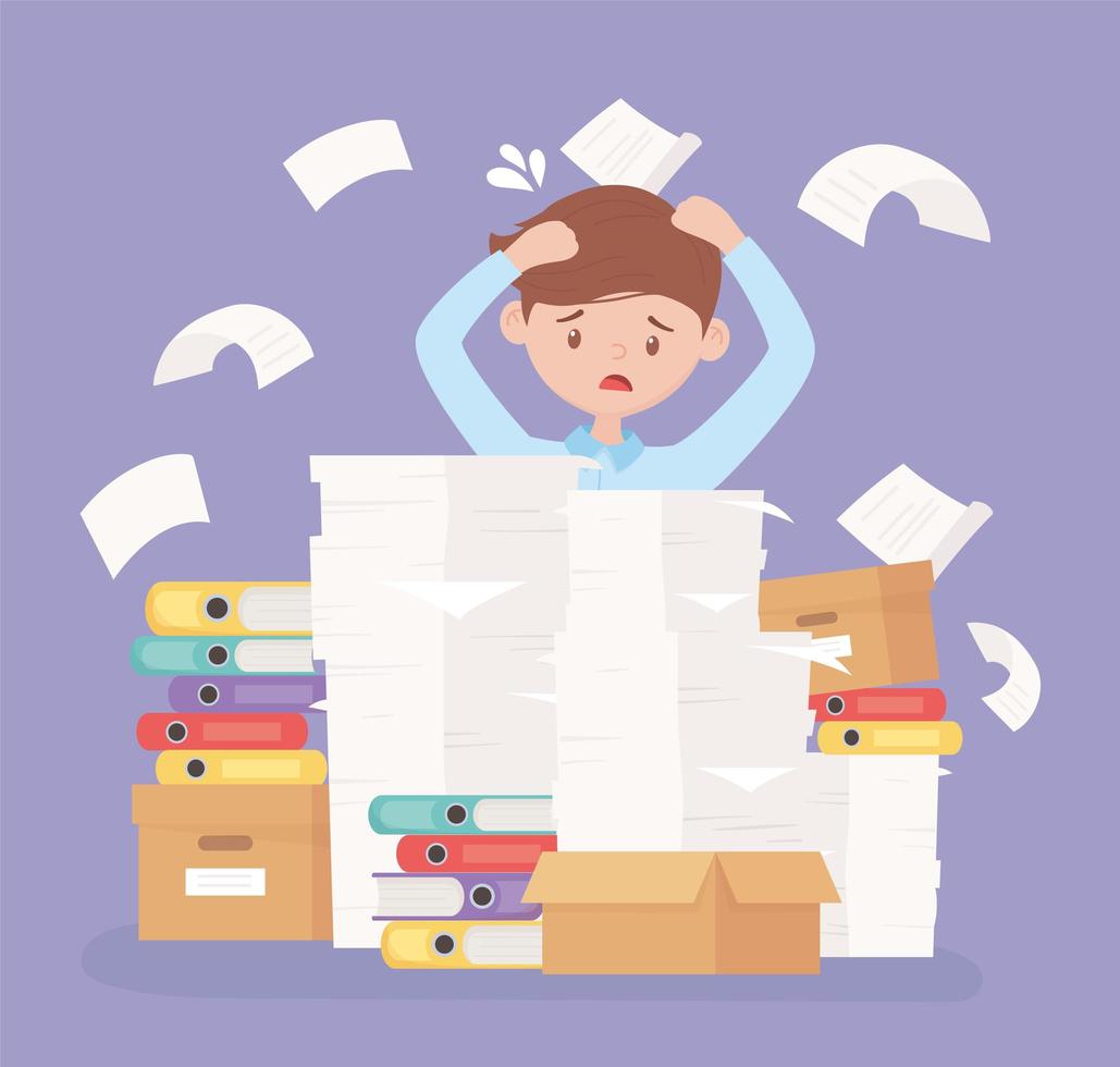 stressed businessman frustration office work pile paper vector