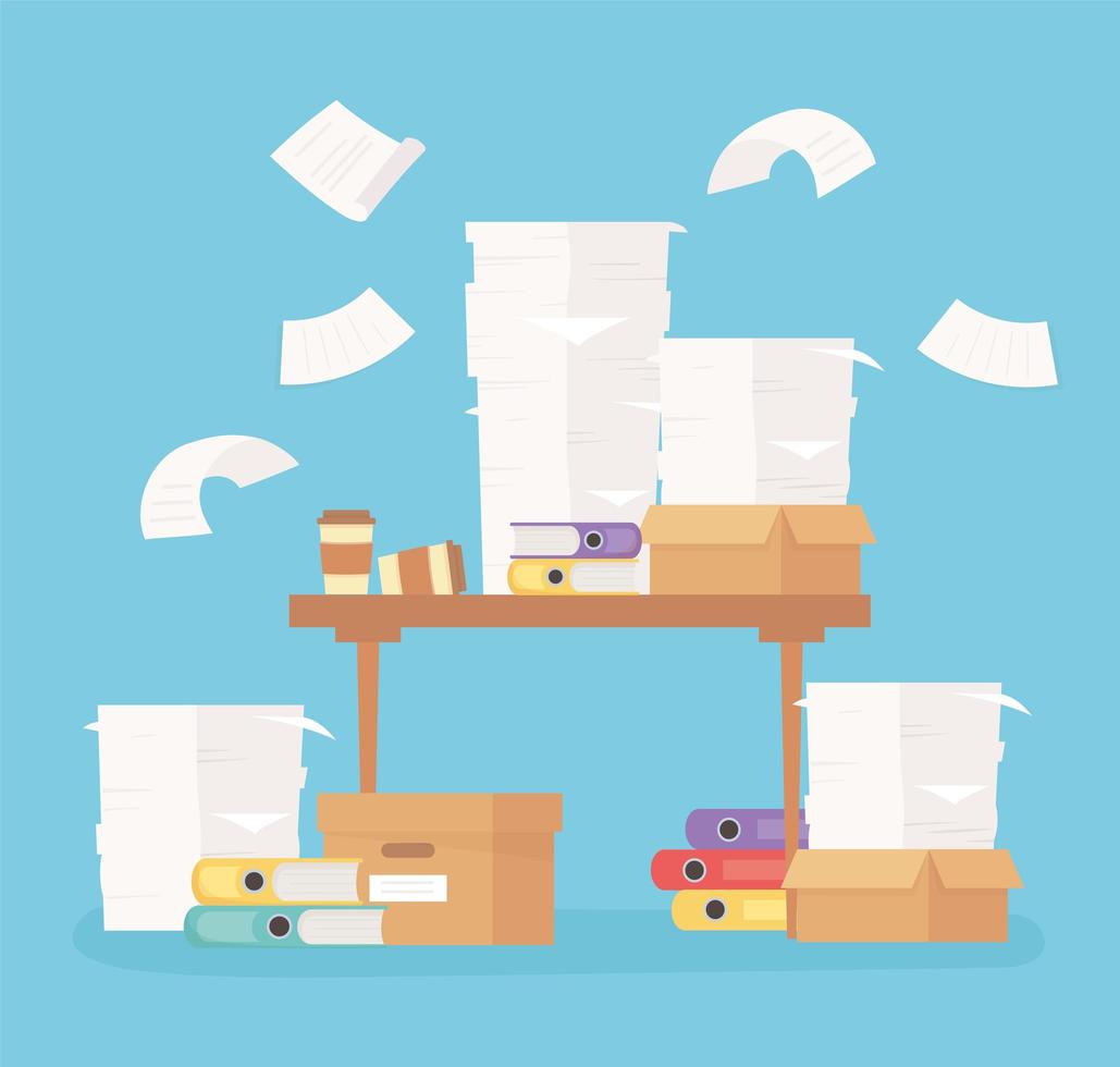 desk with binders paper and sheets office work stress vector