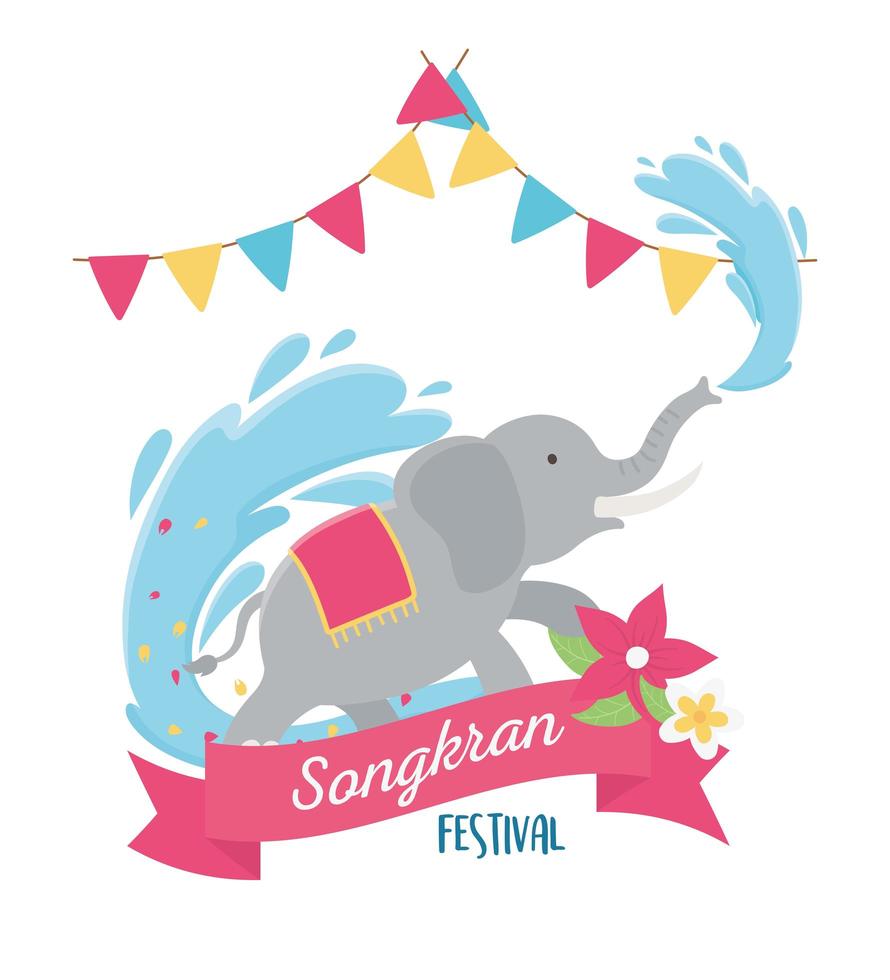 festival de songkran elefante agua flores y banderas decoración vector