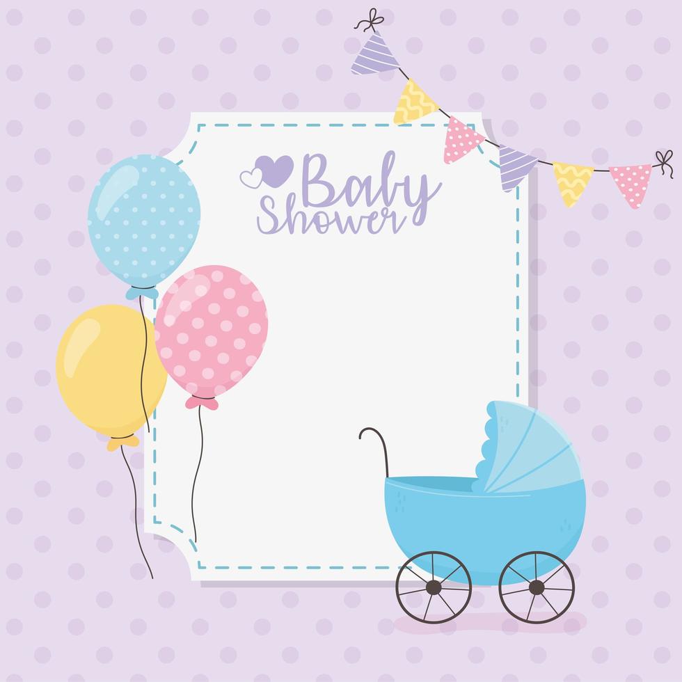 baby shower, cochecito azul, globos, banderines, decoración, tarjeta vector