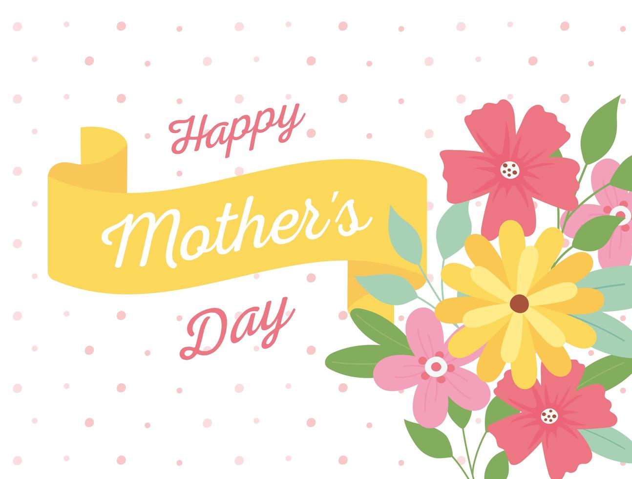 feliz día de la madre, flores, letras, cinta, floral, puntos, plano de fondo vector