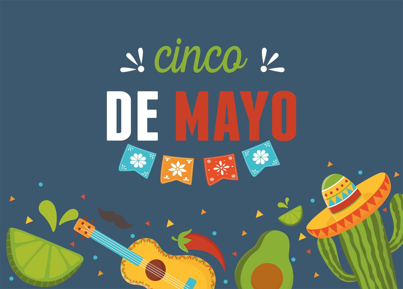 cinco de mayo guitar avocado cactus lemon mexican celebration vector