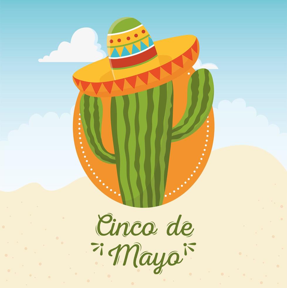 tarjeta de felicitación del cinco de mayo cactus con sombrero celebración mexicana vector