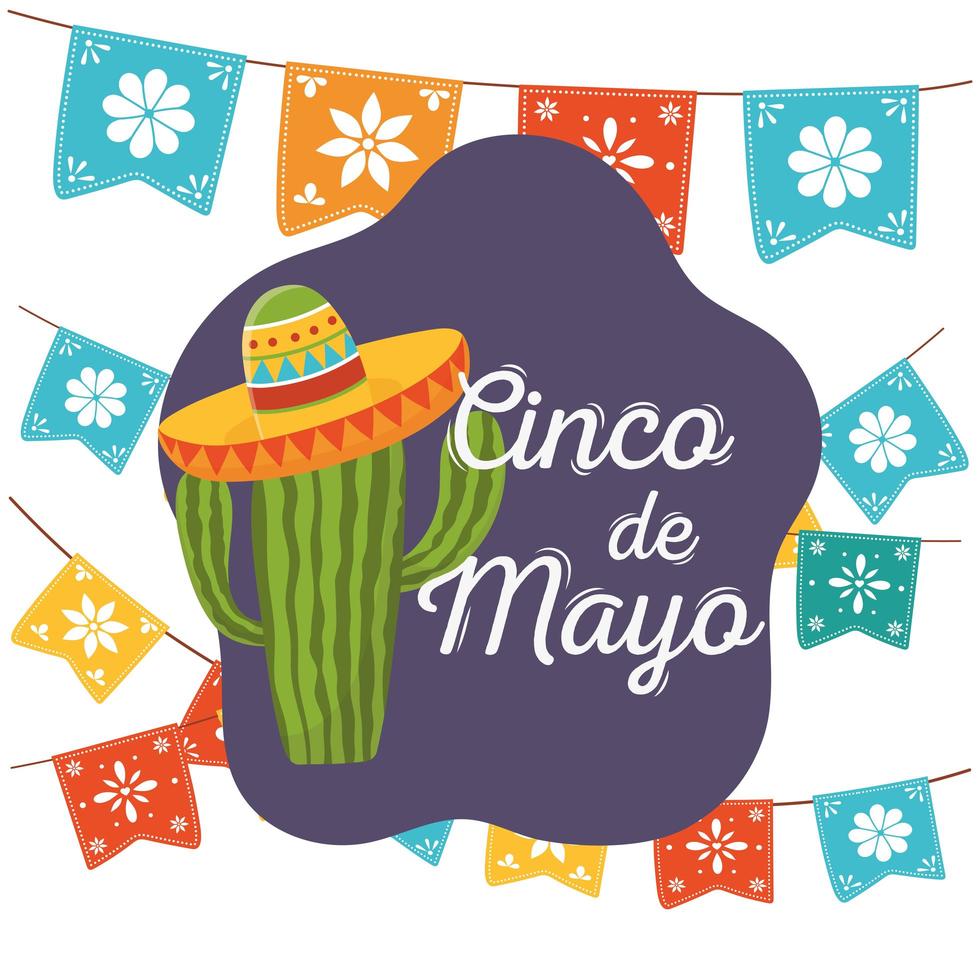 cinco de mayo cactus with hat pennatns flowers mexican celebration vector