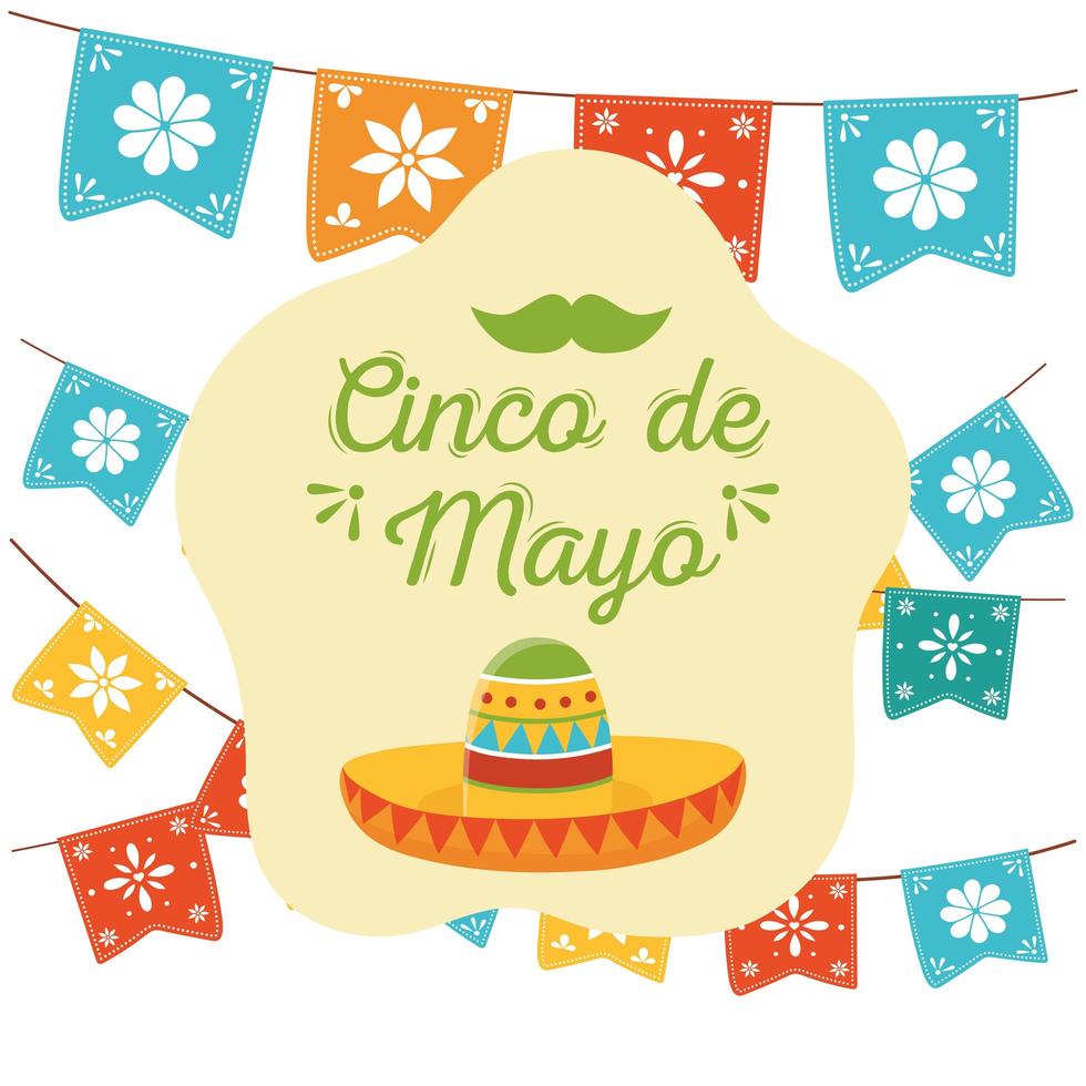 cinco de mayo sombrero banderines tradicionales celebración mexicana vector