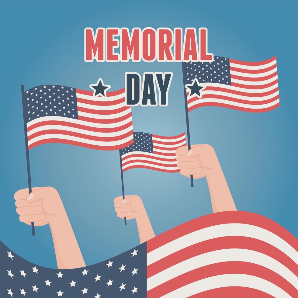 happy memorial day, raised hands with flags american celebration vector