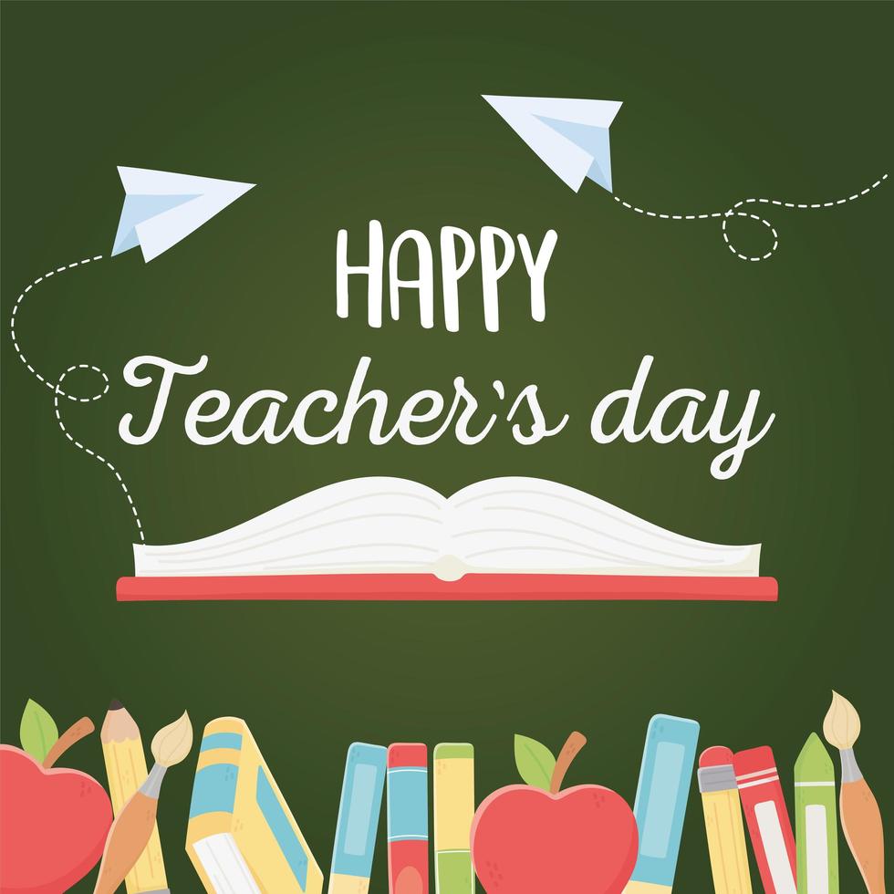 feliz día del maestro, libro, manzanas, lápices, crayones, papel, escuela vector