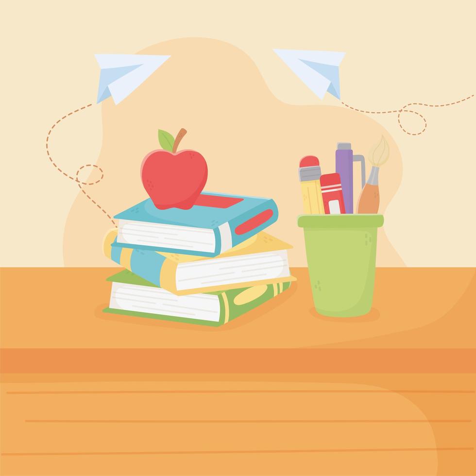 feliz día del maestro, manzana escolar en libros y útiles vector