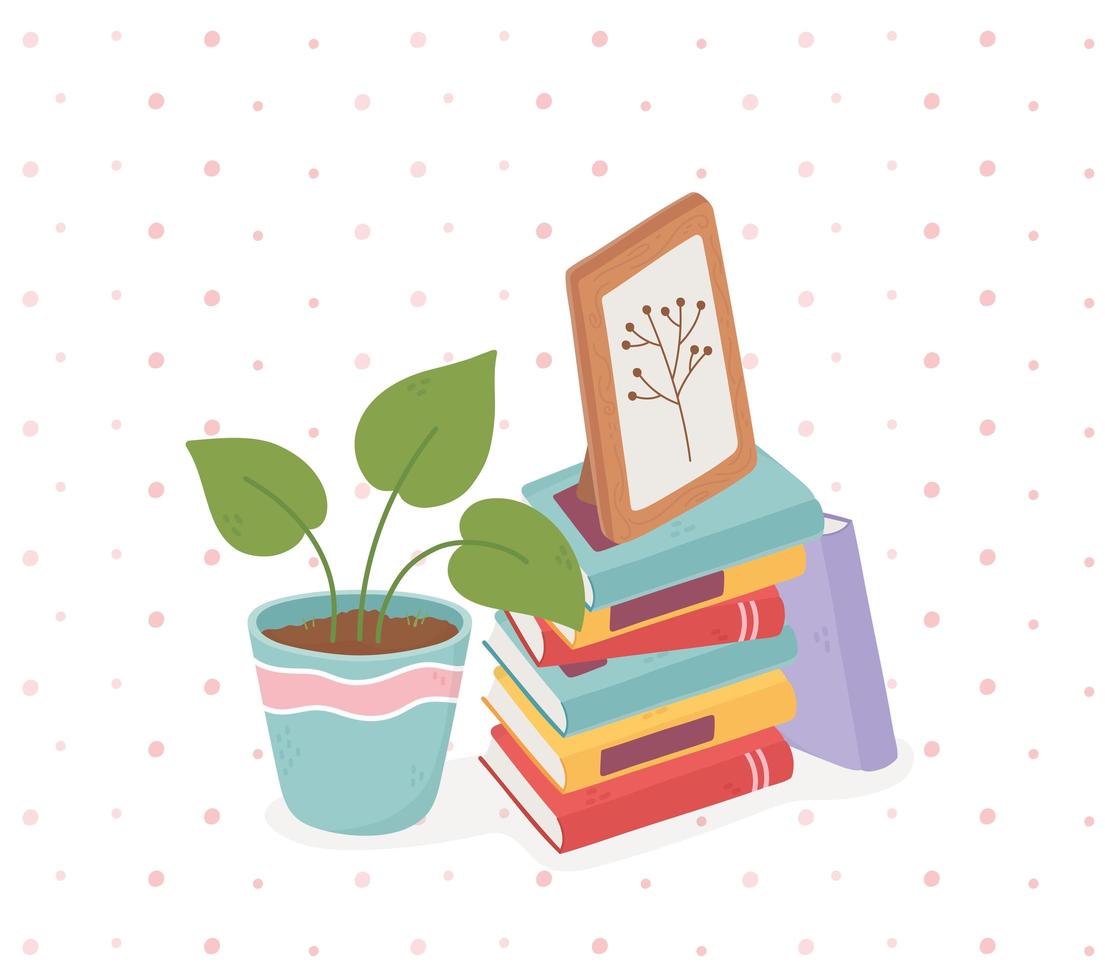 marco y libros de la planta en maceta del hogar dulce vector