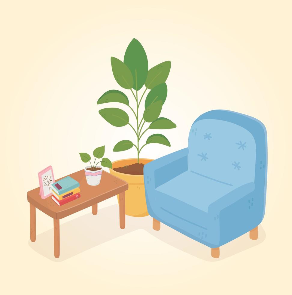 dulce hogar sofá libros marco de la planta en maceta en la mesa vector