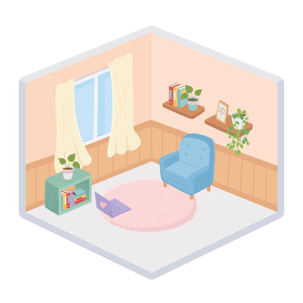 sweet home sofa laptop plants bookshelf books carpet curtains window isometric style vector