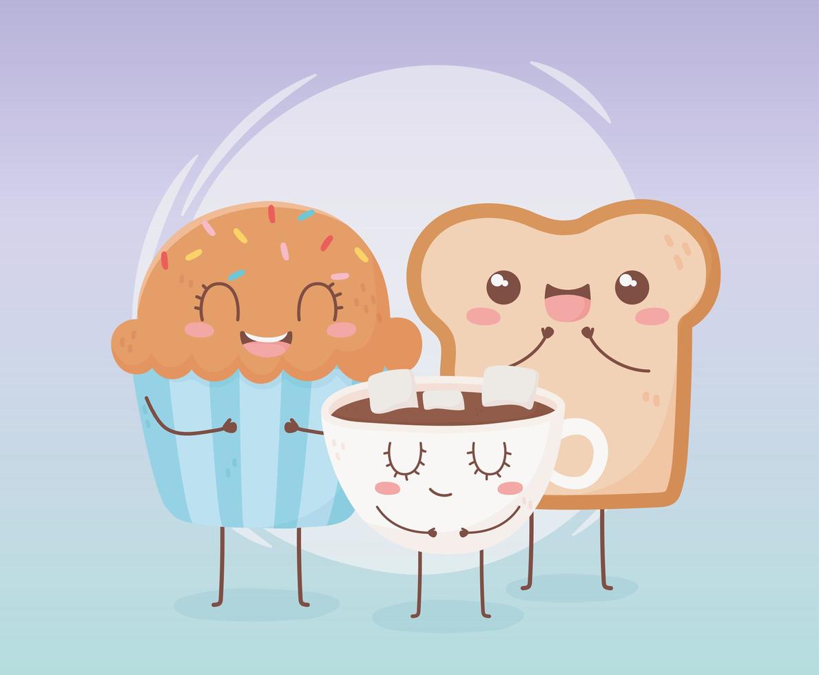 cupcake bread and chocolate cup kawaii food cartoon character design vector