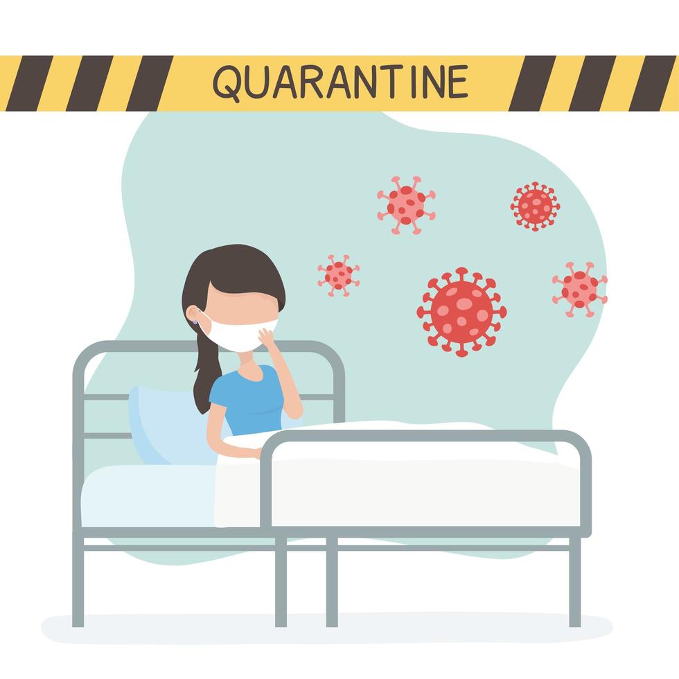 virus covid 19 cuarentena, mujer enferma en cama clínica cinta de advertencia de coronavirus vector
