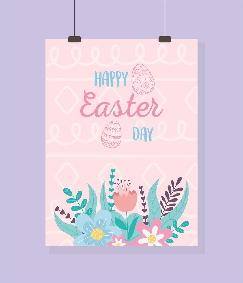 feliz pascua, cartel colgante, flores, follaje, letras vector