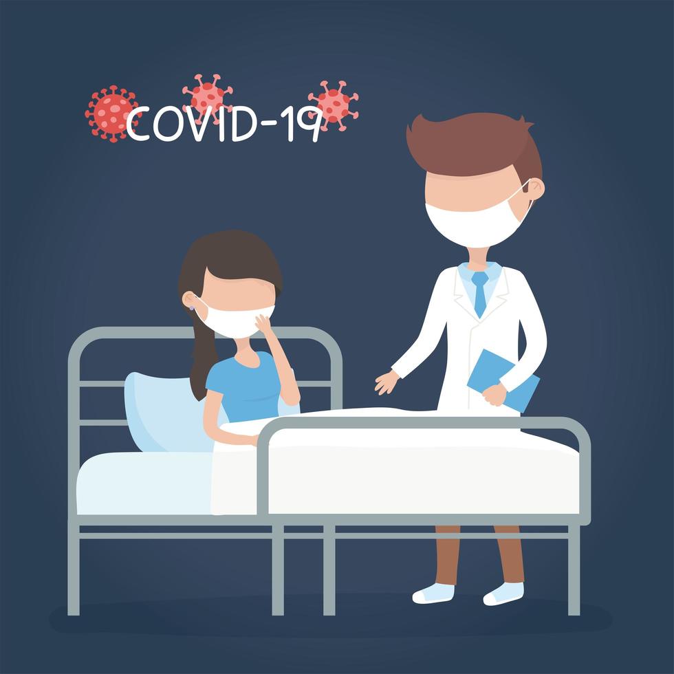 virus covid 19 quarantine, doctor and sick woman in bed clinic vector