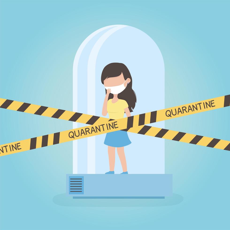 virus covid 19 quarantine, woman in quarantined tube safety tape restricted vector