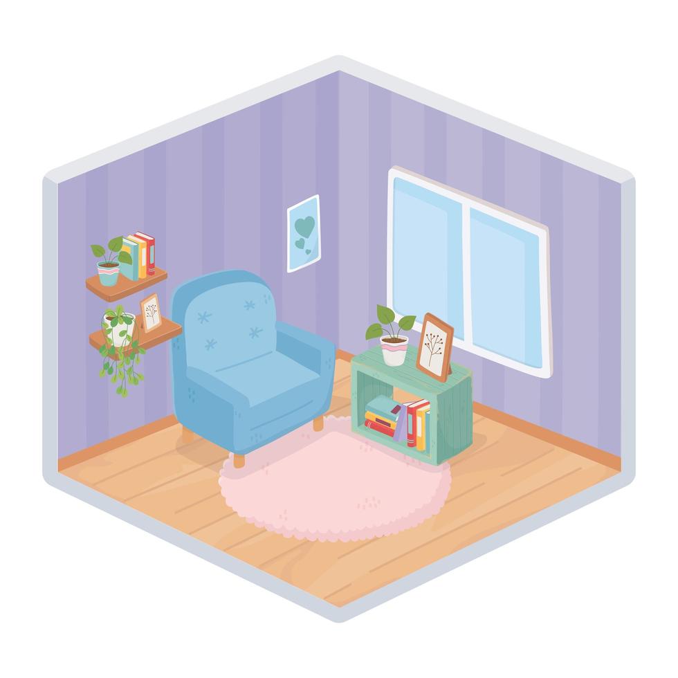 sweet home sofa bookcase frame shelf carpet frame window room isometric style vector