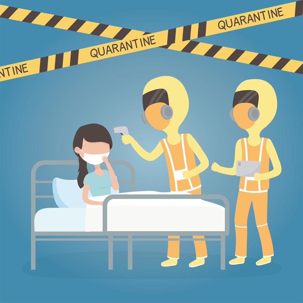 covid 19 virus quarantine, medical staff with sick woman body temperature scan vector