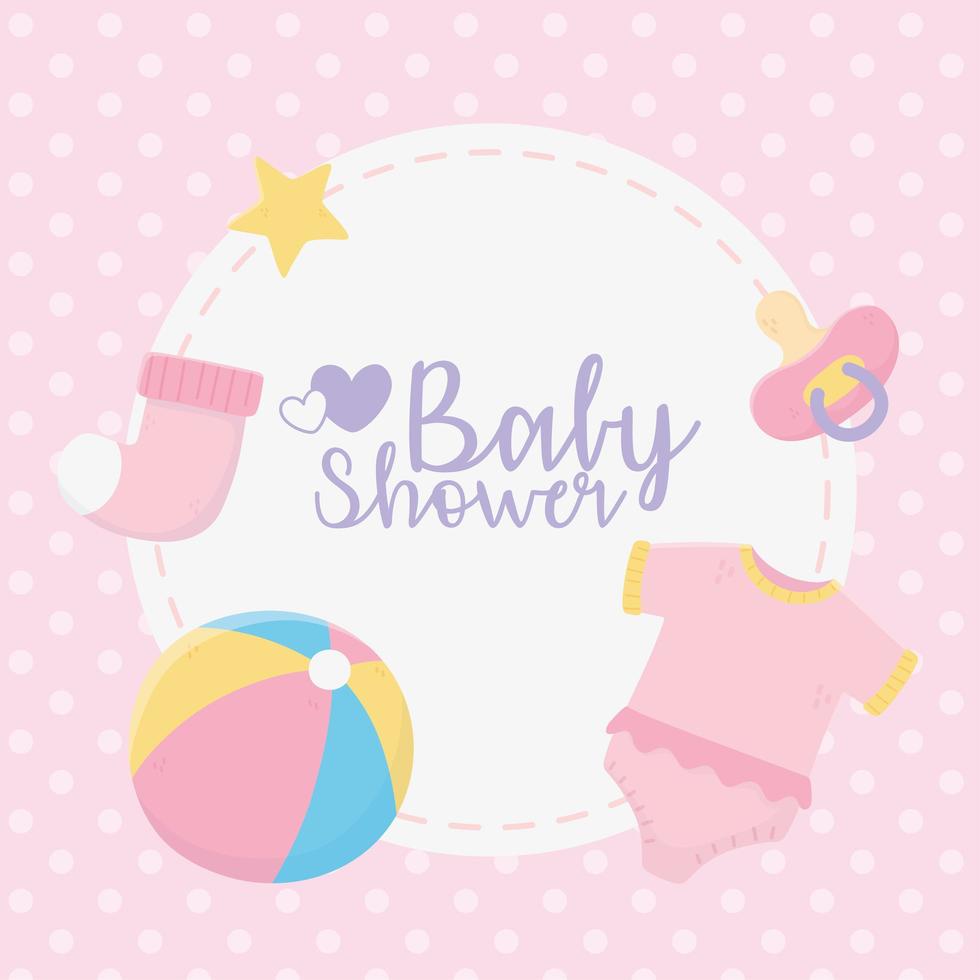 baby shower, mono rosa, calcetín de bola, chupete, estrellas, etiqueta redonda, puntos, fondo vector