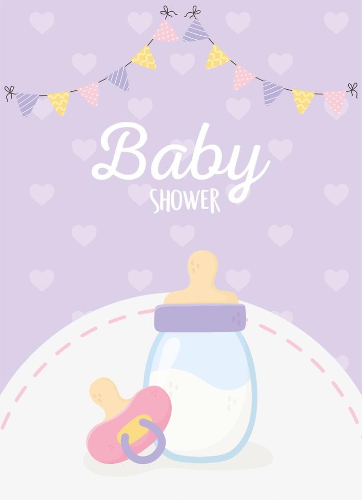 baby shower, botella de leche, chupete, banderines, corazones, fondo, púrpura vector