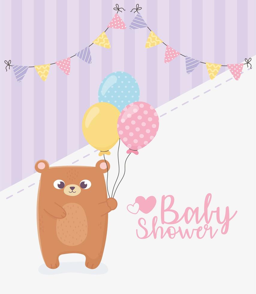 baby shower, osito de peluche con globos banderines fondo rayado vector