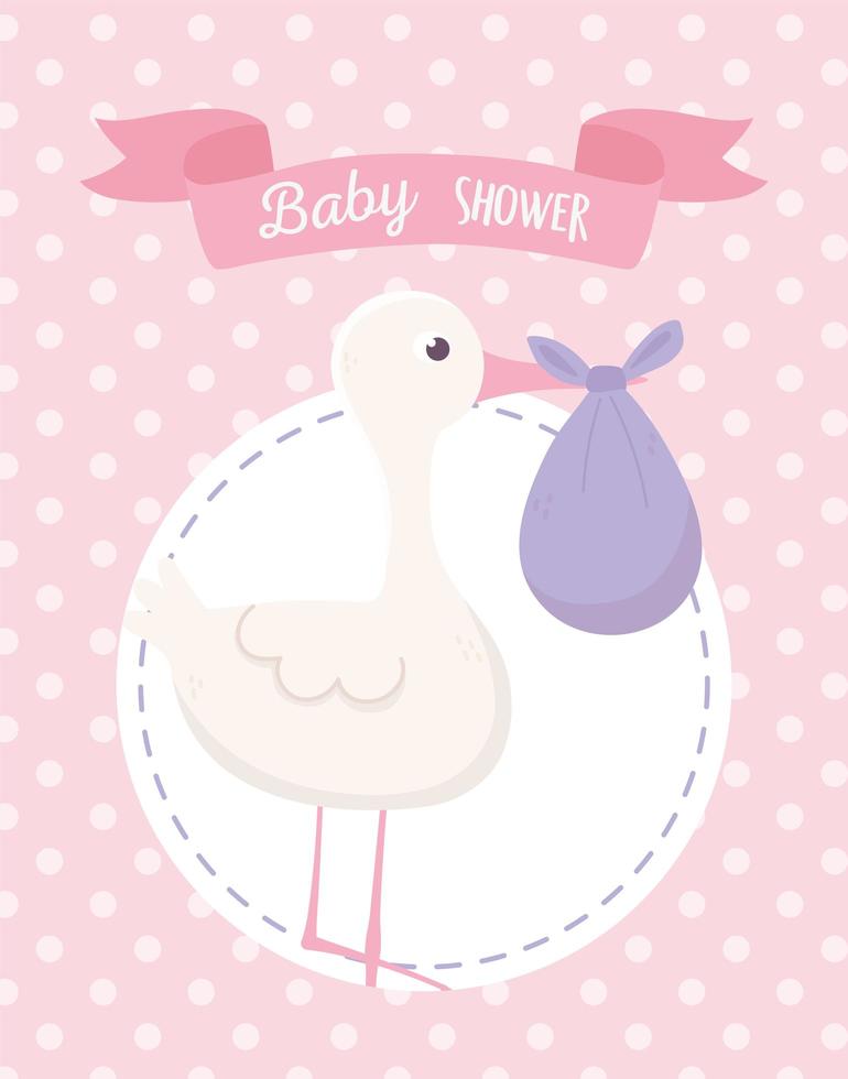 baby shower, cigüeña con pañal fondo rosa vector