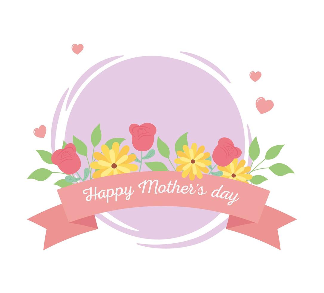 happy mothers day, lettering flowers floral ribbon label vector