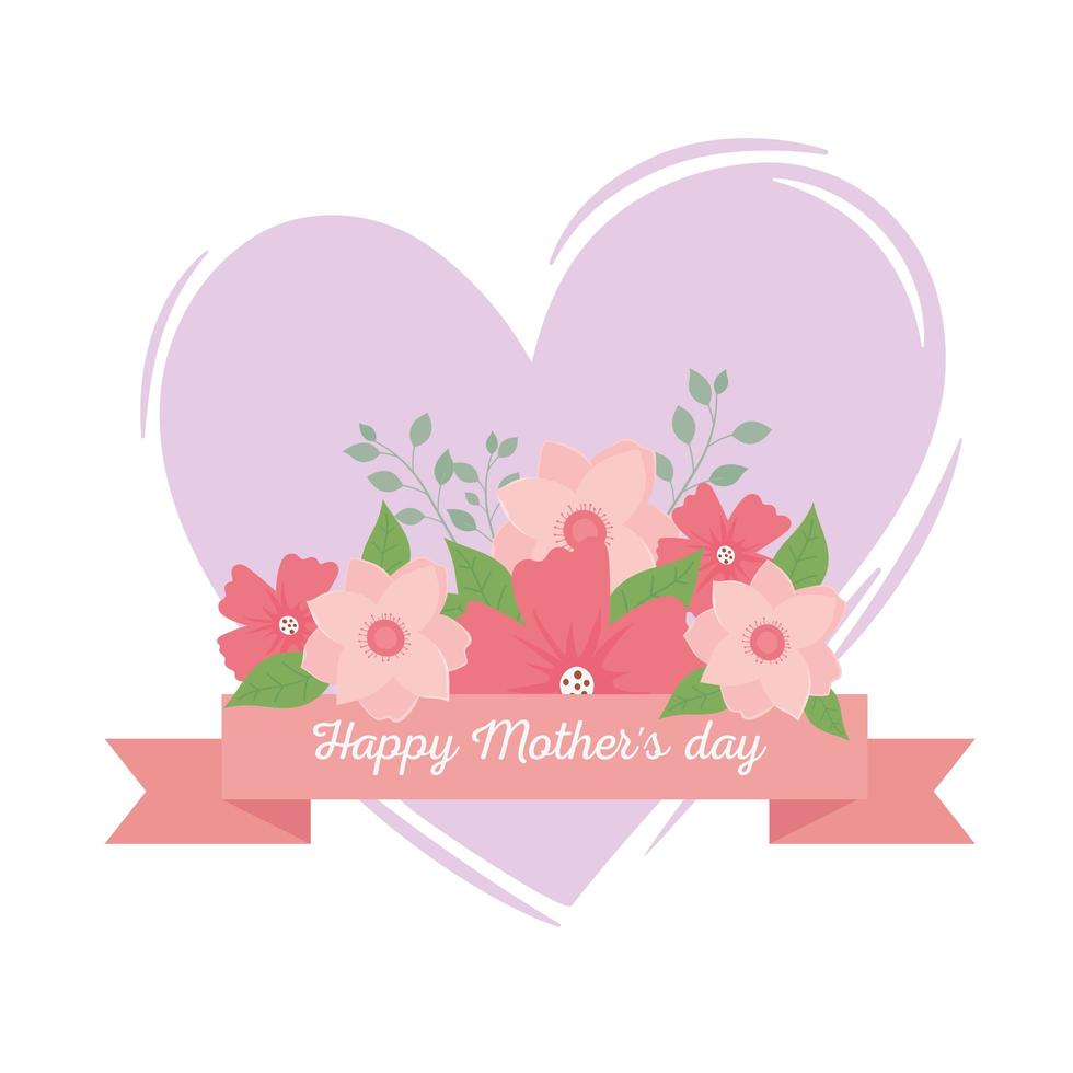 feliz día de la madre, letras flores corazón cinta floral vector