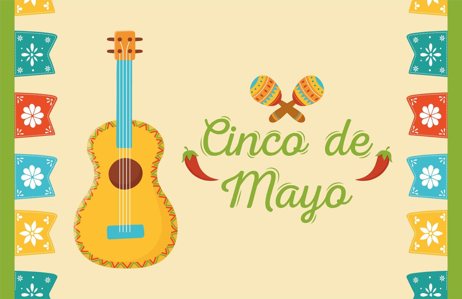cinco de mayo guitarra maracas banderines flores celebración mexicana vector